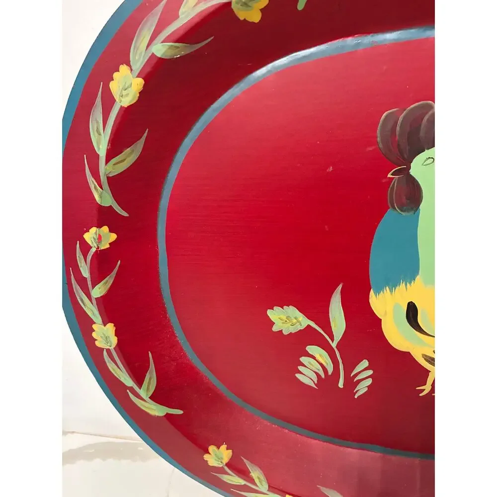 Tole Rooster Serving Tray Metal Oval Painted Red Large Vintage Farmhouse Cottage